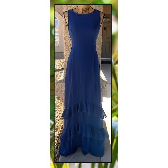 Lulus Lovely Arrival Dark Blue Chiffon Ruffle Tiered Maxi Dress Size L - Picture 3 of 11